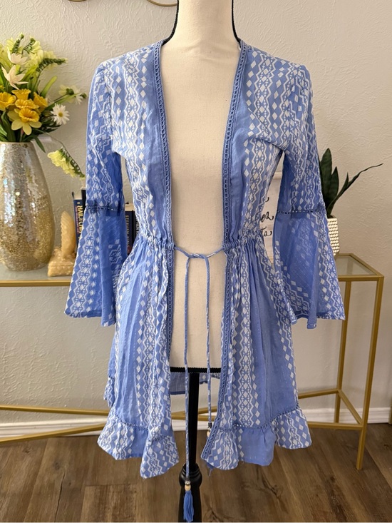 blue island Other - blue island Light Blue & White Boho Tie-Front Swim Coverup